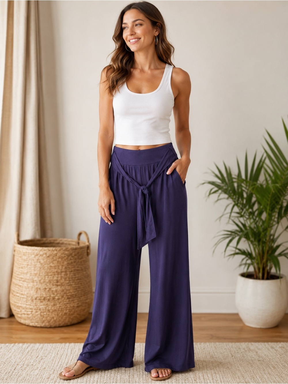 GAIAM Wide Leg Lounge Yoga Pants blue Medium Boho Tie Waist Flowy Comfy